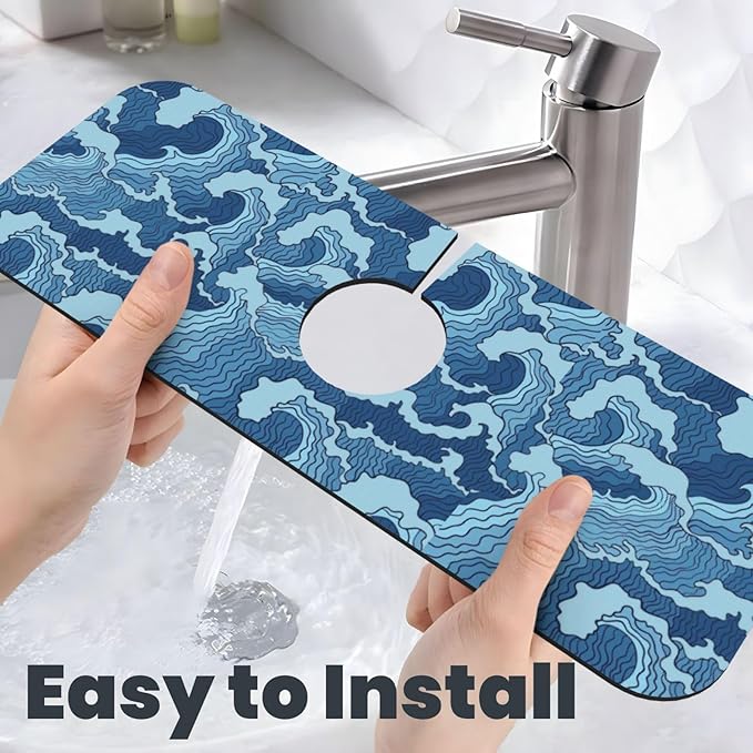 Waves Japan Blue 15" X 5.5" Kitchen Sink Splash Guard Faucet Faucet Guard Draining Mat Sink Splash Guard Faucet Kitchen Bathroom