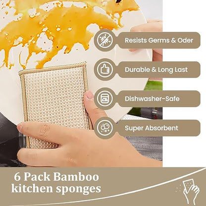 Bamboo Dish Sponge Natural Kitchen Scrub Sponges-Beige,6 Pack