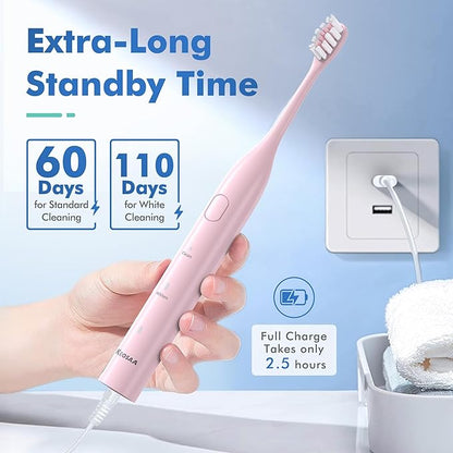 Pink Electric Toothbrush with 8 Brush Heads, Sonic Toothbrush with Fast Charge 4 Hours Last 60 Days, 2-Min & 30s Smart Timer, IPX7 Waterproof(Pink)