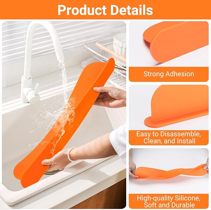 19.3 inch Sink Water Splash Guard, Silicone Sink Splash Guard, Backsplash Protector for Kitchen Countertop & Bathroom Bathtub with Non-Slip Strong Suction, Orange