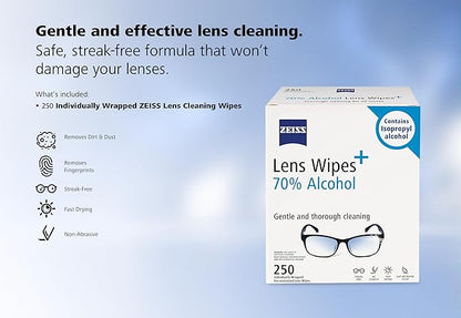 ZEISS Pre-Moistened Lens Cleaning Wipes with 70% Alcohol, 250 Count