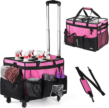 Extra-Large Rolling Cleaning Caddy with Wheels,Cleaning Caddy Bag with Detachable Trolley,Water Resistant Lining Cleaning Supply Organizer with Handle for Cleaners,Housekeepers