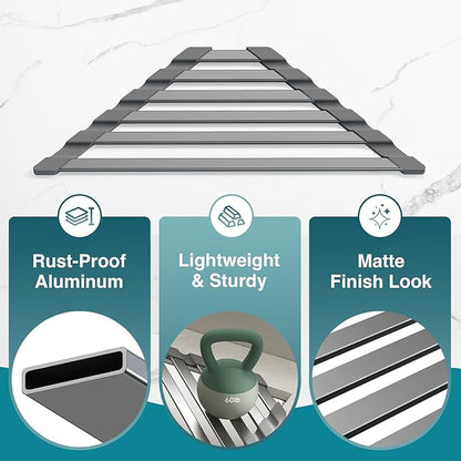 COOL-ANGLE Corner Sink Drying Rack, 16"x9.5" Rust-Proof Aluminum Triangular Dish Drainer, Heat Resistant Roll Up Mat for Kitchen Counter, Sponge Holder & Organizer with Non-Slip Silicone Base, Gray