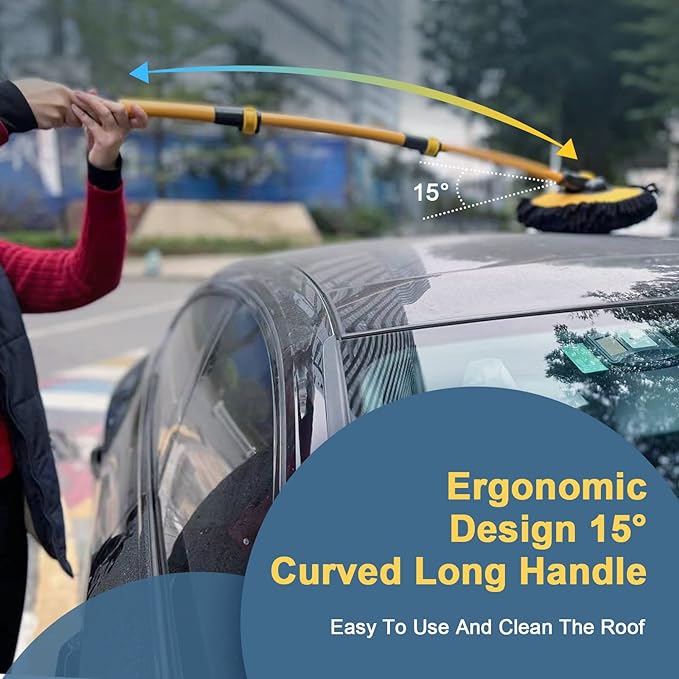 YeewayVeh Car Wash Brush Mop with Long Handle, Car Wash Kit with 2 Chenille Mop Heads, 15° Curved Extension Pole Scratch-Free Microfiber Mitt Sponge Car Cleaning Supplies Accessories, Yellow/Black