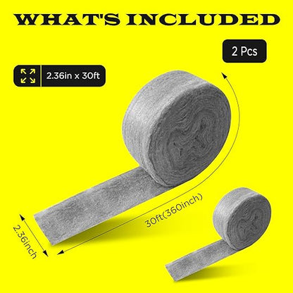 Wool Assortment for Cleaning – 0000 Grade Fine to Coarse Steel Wool Pads & Rolls, Multiple Pack Sizes and Length Options (2" x 30ft (2 Pack))