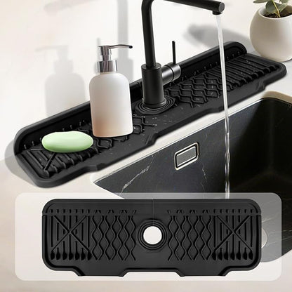 17 Inch Faucet Mat For Kitchen Sink Splash Guard Behind Faucet, ，5°Slope Fast Draining Silicone Mat , Dish Soap Sponge Holder for Bathroom Sink kitchen sink organizer (black, 17" x 6")