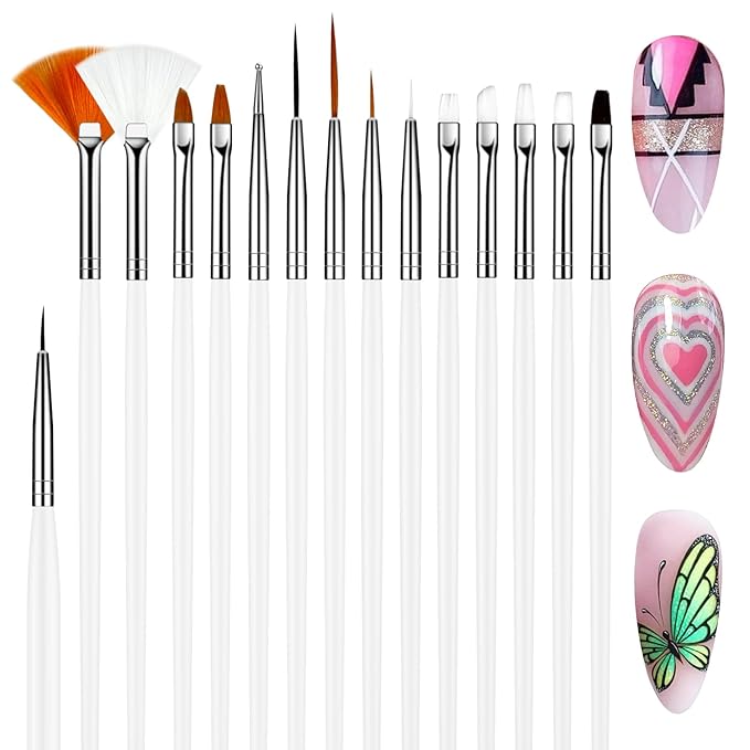 MUIIGOOD 15pcs White Nail Art Brushes Set Nail Pen Designer Acrylic Nail Art Gel Painting Brushes Tool Dust Brush,Striping Brushes Dotting Tools for Long Lines Fan Brush Gel Polish Nail Art Supplies