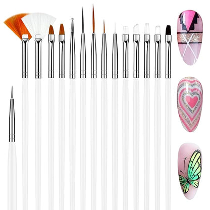 MUIIGOOD 15pcs White Nail Art Brushes Set Nail Pen Designer Acrylic Nail Art Gel Painting Brushes Tool Dust Brush,Striping Brushes Dotting Tools for Long Lines Fan Brush Gel Polish Nail Art Supplies
