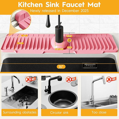 16" Silicone Faucet Mat for Kitchen Sink Released in 2026,8° Slope Fast Self-draining-Kitchen Sink Splash Guard,Bathroom Kitchen Sink Area Water Splash Guard Behind Faucet Draining Mat(Pink)