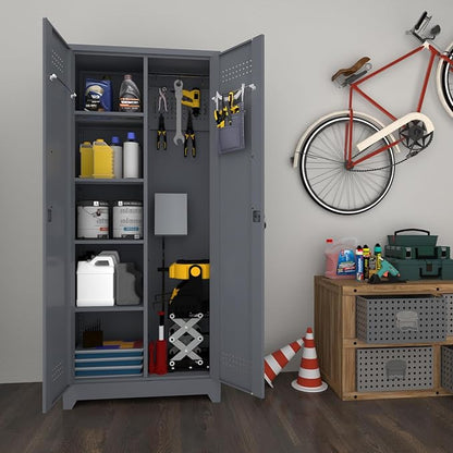72.8" H Metal Broom Closet Storage Cabinet with 2 Doors and 4 Adjustable Shelves,Locking Storage Cabinets for Garage,Laundry Room,Grey