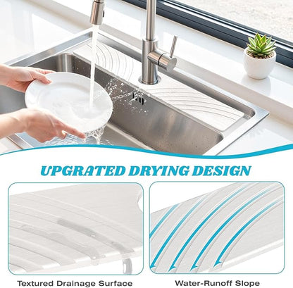SpaceHacks Stone Faucet Mat for Kitchen Sink - Fast Drying Diatomite Stone Drying Mat, Textured Drainage Sink Protector, Water Splash Guard with Base Pads for Bathroom Counter (23.7x4 in, White)