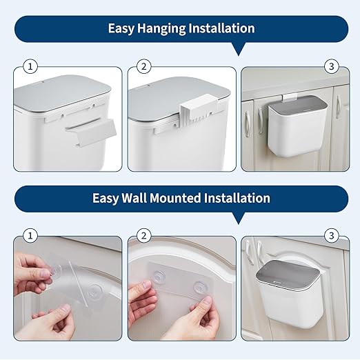 1.8 Gallon Kitchen Compost Bin for Counter Top or Under Sink, Hanging Small Trash Can with Lid for Cupboard/Bathroom/Bedroom/Office/Camping, Mountable Indoor Compost Bucket - White
