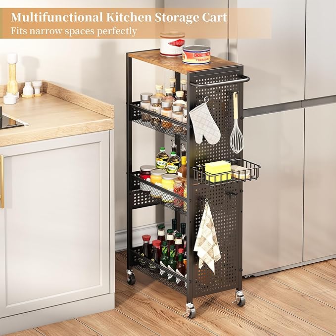 Slim Storage Rolling Cart: 4-Tier Narrow Metal & Wood Utility Cart with Wheels for Kitchen/Laundry/Bathroom(Black)