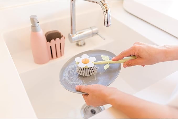 Vigar Florganic Kitchen Sink Caddy Set with Dish Soap Dispenser - Sponge Holder, Decorative Flower Dish Brush & Sponge, Kitchen Sink Organizer, Brush Holder and Soap Caddy for Countertop - Pink