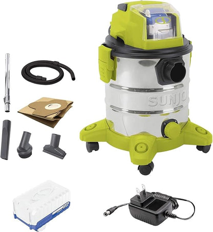 Sun Joe Cordless Vacuum Cleaner, Stainless Steel Wet or Dry Kit with Battery, Charger, Brush, Nozzle & Tubes, 24V, 5.3 Gallon - Vacuuming Machine for Home, Garage and Outdoor Cleaning, 24V-WDV6000
