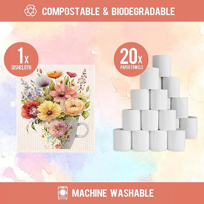 Spring Flowers Bird Swedish Dish Cloths - 6 Pack Reusable Compostable Kitchen Cloth, Cellulose Sponge Dish Towel Set