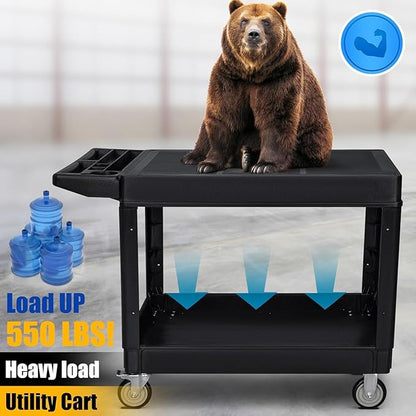 2 Tier Heavy Duty Utility Cart with Wheels, 1000 lbs Capacity Flat Top Plastic Rolling Tool Cart with Lipped Shelves, 46 x 26-Inch Mechanic Work Cart for Warehouse, Garage, Cleaning, Black