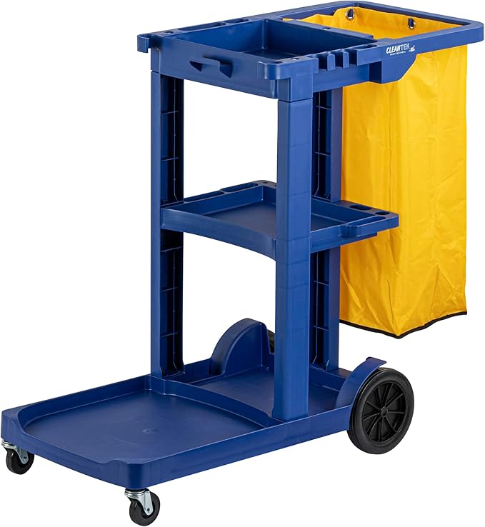 Restaurantware-Clean Tek Professional Janitor Cart with Wheels, 1 Cleaning Trolley with 18 Gallon Bag - 3 Shelves, Heavy-Duty, Blue Plastic Commercial Janitorial Cart, for Restaurants