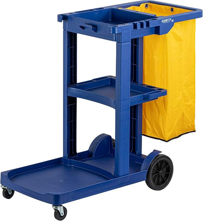 Restaurantware-Clean Tek Professional Janitor Cart with Wheels, 1 Cleaning Trolley with 18 Gallon Bag - 3 Shelves, Heavy-Duty, Blue Plastic Commercial Janitorial Cart, for Restaurants