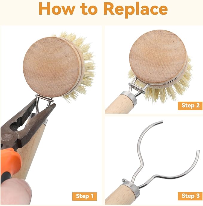 12pcs Dish Brush with Wooden Handle Natural Kitchen Brush Washing Scrubber Kitchen Dishwashing Washing Up Brushes Heads Bristle Brushes Refills for Sinks Cleaning Cast Iron Pots Pans Vegetables