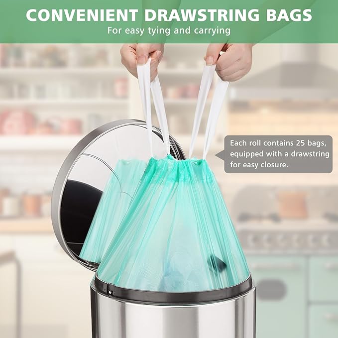 AYOTEE Compostable Trash Bags 8 Gallon Trash Bags Drawstring Unscented, 50 Count Drawstring Thick Tear Free Medium Garbage Bags 8 Gallon, 30L TrashBags Wastebasket Liners for Kitchen Home Office Use