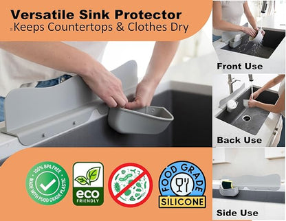 Silicone Sink Splash Guard with Sponge Holder -19.5" x 4.5" x 2.5",- Strong Suction - Sink Edge Protectors for Kitchen Sink - Kitchen Sink Splash Guard - Gray