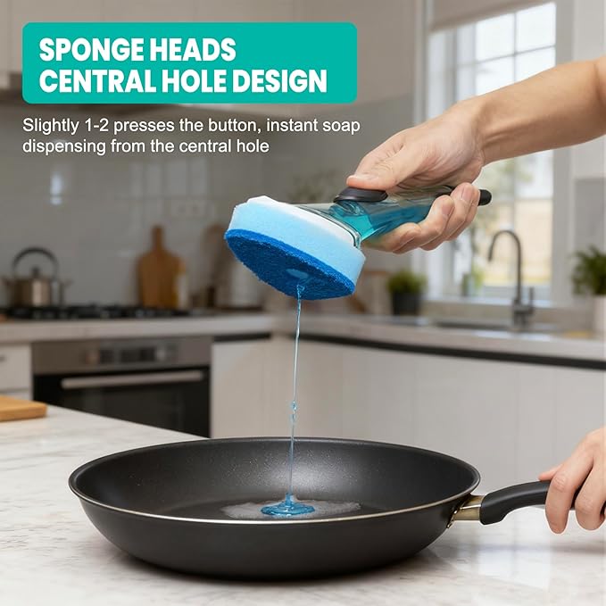 Dishwand with Refills, Dish Wand with Handle Replacement Sponge Heads, Non Scratch Soap Control Leak-Proof Dispenser Scrub,Heavy Duty Advanced Scrubber Brush Pads for Cleaning Dishes Sink Washing Tool