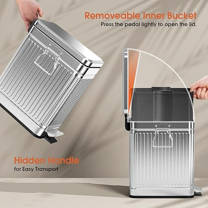 Small Bathroom Trash Can with Lid Soft Close, 6L / 1.6 Gallon Stainless Steel Garbage Can with Step Pedal & Odor Control, Slim Trash Bin for Toilet, Office, Bedroom - Sliver