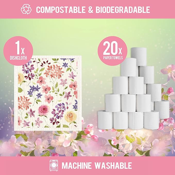Floral Swedish Dish Cloths - 6 Pack Reusable Compostable Kitchen Cloth,Cellulose Sponge Dish Cloths Dish Towel Set