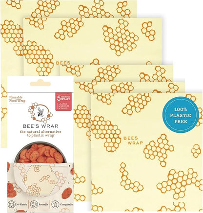 Bee's Wrap Beeswax Wraps for Food - Assorted 5 Pack of Beeswax Wraps - 2 Large & 3 Medium Wrap - Plastic Free Made in USA Reusable Natural Food Wrap - Honeycomb Print