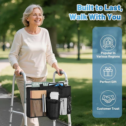 Rhino Valley Walker Bag, Large Capacity Walker Accessories Storage Bag with Multi Pockets & Cup Holder, Walker Basket with 4 pockets for Universal Walkers for Seniors, Black