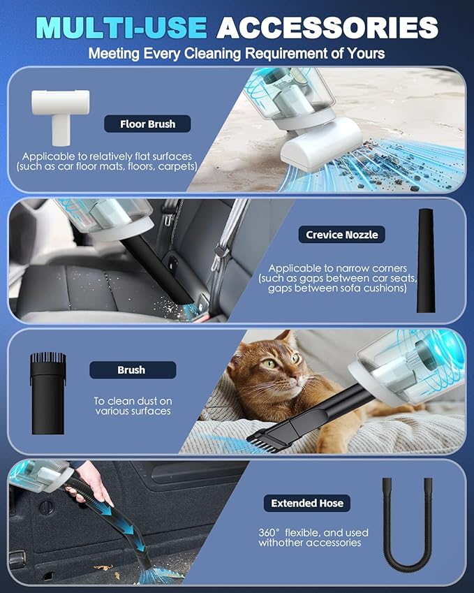 Handheld Vacuum Cordless, 16000PA High Power Suction Hand Held Car Vacuum Cleaner Portable with Washable Filter & Multi Accessories, Rechargeable Dust Busters for Car Home Office and Pet Hair