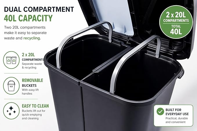 Step N' Sort 2 x 5.5 Gallon, Dual Trash and Recycling Bin with Slow Close Lid,Black,40 Liter,SNS402-B