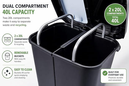 Step N' Sort 2 x 5.5 Gallon, Dual Trash and Recycling Bin with Slow Close Lid,Black,40 Liter,SNS402-B