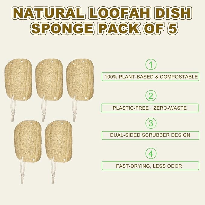 Natural Loofah Sponge with Handle, 5-Piece Replaceable Eco Sponges for Cleaning, Non-Scratch Scrubber for Dishwashing Cookware Pans, Kitchen Eco-Friendly Tools (5)