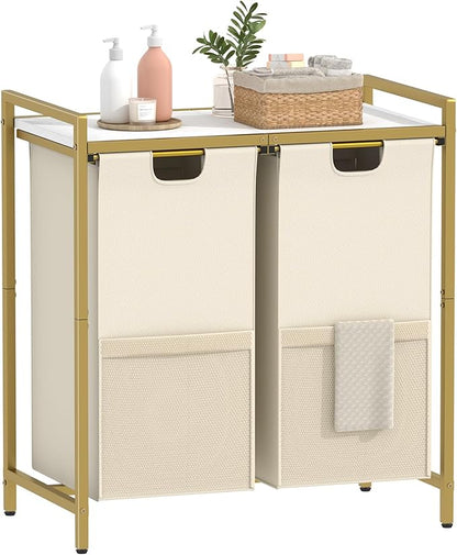 Huhote Laundry Hamper, double Laundry Basket, Laundry Sorter with Top Shelf & 2 Removable Washable Bags & Side Pockets for Laundry Room organization, Bathroom and Dorm, Gold and White