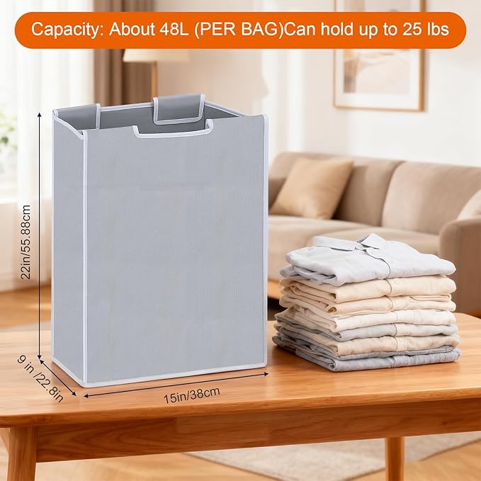 4 Pcs Laundry Sorter Replacement Bags, Removable Hamper Cart Storage Organizer, Gray Oxford Cloth, No Hooks, 22 x 15 x 9 Inches