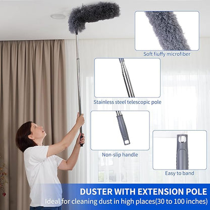 FrutPunch Duster with Extension Pole,Ceiling Fan Cleaner Duster Set of 6, Telescopic Cobweb Feather Duster 100 Inch,Ceiling Fan Duster, House Cleaning Tool Set