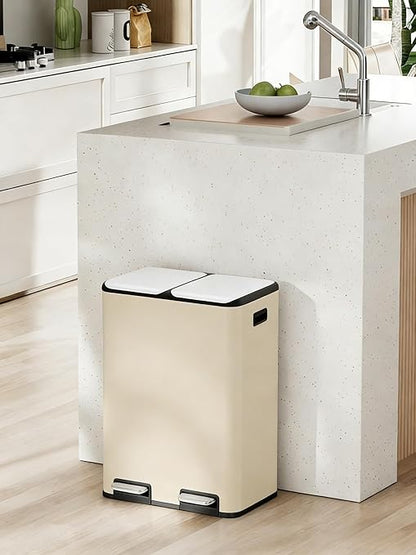 Arlopu 16Gal Dual Trash Can w/2 Built-in Box for Odor Control, Hands-Free Kitchen Garbage Bin, Recycle Waste Dustbin, Soft-Close Lid, 2 Buckets,Foot Pedal, Side Handle, Airtight,for Home (Beige)