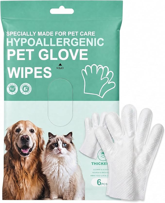 ZeaCotio Pet Cleaning Gloves Wipes, 5-Finger Grooming Glove Wipes for Dogs & Cats, Safe Odor-Free Formula, 6PCS