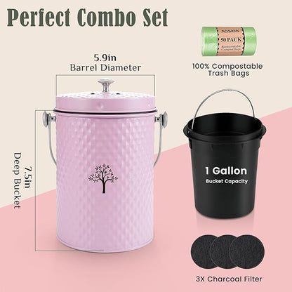 AOSION Countertop Compost Bin Kitchen，Odorless Indoor Compost Bin with Lid and 50 Pack Compost Bags,Compost Bucket Composter Container for Food Waste,Pink
