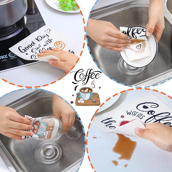 Remagr 6 Pcs Swedish Kitchen Dish Towels Kitchen Cloths Reusable Sponge Cleaning Cloths Absorbent Dish Cloth Quick Drying Washable Cleaning Wipes No Odor Hand Towel (Coffee)