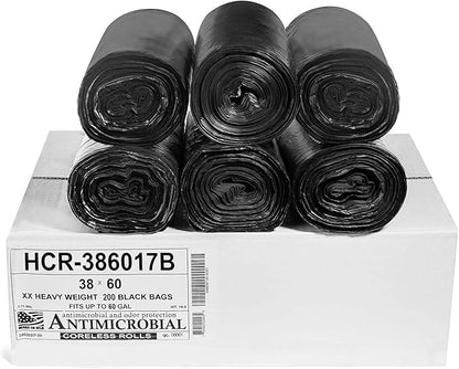 Aluf Plastics High Density Trash Bags, 60 Gallon, 200 Count, 17 Micron (eq), 38" x 60", Black, for Bathroom, Office, Industrial, Commercial, Janitorial, Municipal, Recycling