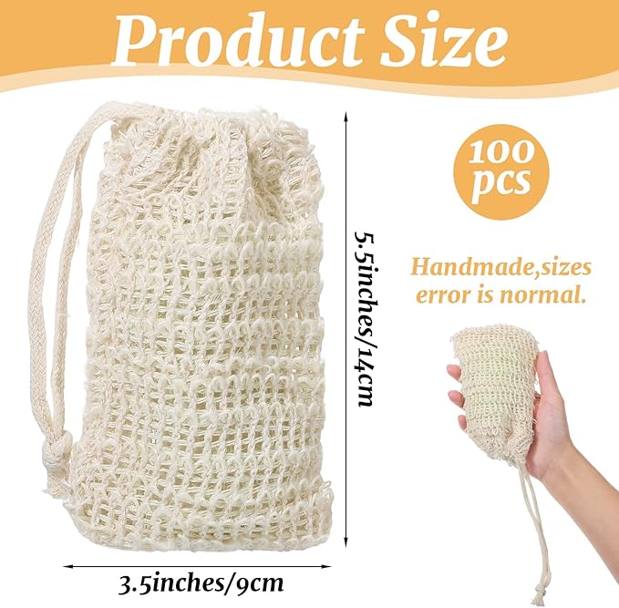 100PCS Sisal Soap Saver Bags, Natural Sisal Soap Exfoliating Bag with Drawstring, Reusable Mesh Foaming Soaps Pouch for Bath & Shower, Soaps Holder Drying Bag Savers