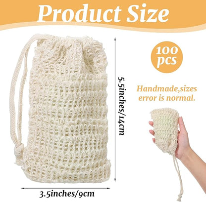 100PCS Sisal Soap Saver Bags, Natural Sisal Soap Exfoliating Bag with Drawstring, Reusable Mesh Foaming Soaps Pouch for Bath & Shower, Soaps Holder Drying Bag Savers