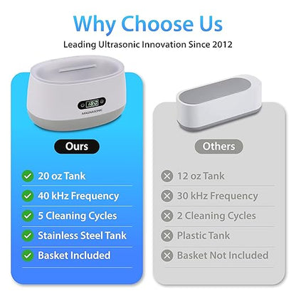 Magnasonic Ultrasonic Cleaner - 20oz Tank Ultrasonic Jewelry Cleaner & Ultrasonic Retainer Cleaner, Digital Timer, 5 Cleaning Modes for Glasses, Rings, Dentures, Tools, Aligners (UC22)