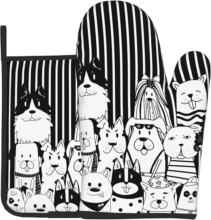 Dog Pot Holders and Oven Mitts - Black Cooking Gloves Hot Pads for Kitchen Fun Chef Gifts for Cooking Lover Cooks
