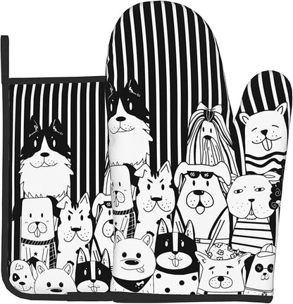 Dog Pot Holders and Oven Mitts - Black Cooking Gloves Hot Pads for Kitchen Fun Chef Gifts for Cooking Lover Cooks
