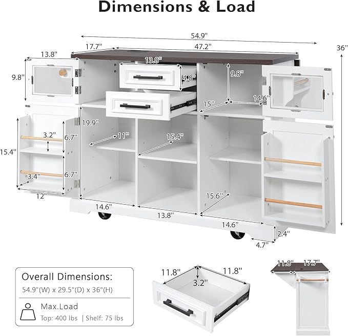 54.9" Large Kitchen Island with Drop Leaf, Power Outlet, Kitchen Storage Islands with Cross Barn Doors & Visual Glass Door, Rolling Kitchen Cart on 4 Wheels, White