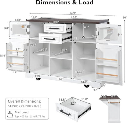 54.9" Large Kitchen Island with Drop Leaf, Power Outlet, Kitchen Storage Islands with Cross Barn Doors & Visual Glass Door, Rolling Kitchen Cart on 4 Wheels, White